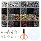 Naler 24000 Stück Rocailles Perlen 2 mm Glasperlen Dunkler Farbton Rund Beads mit Charms Anhängern und Schmuckfaden zum Basteln, 24 Farben