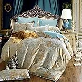 DXHOME Bettwäsche Satin 200x200 cm Bettbezug Microfaser Gold Jacquard Gelb Blau Wendebettwäsche Set 3teilig Romantisch Blumen Muster Modern Bettwaesche Kopfkissenbezug 80x80 cm Ornamente