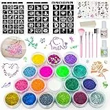 Gigmeta Glitzer Tattoo Set, 18 Farben Temporäre Glitzertattoo mit 138 Schablonen, 5 Pinsel, 3 Cartoon-Aufkleber, 2 Kleber und 1 Schwamm
