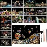 BSHAPPLUS Kratzbilder Kinder,16 Blätter A4 Regenbogen Kratzpappier Set(21x29,7cm) Stadt & Feuerwerk - Mit 4 Spezialwerkzeugen für Kinder & Erwachsene Kreativset