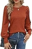 HOTOUCH Damen-Langarm-Tops, Rundhalsausschnitt, leichte Pullover, elegante Puffärmel, Hemden, Frühling, Größe 36-44, Caramell, M