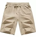 CMTOP Kurze Hosen Herren Sommer Leinenhose Kurz Leichte Luftige Herren-Shorts Einfarbige Baumwolle Locker Kurze Freizeithose Elastische Taille Sommershorts mit Taschen und Tunnelzug(Khaki, M)