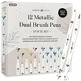 LEBENSKOMPASS® Metallic Dual Brush Pen Set mit 12 wasserbasierten bunten Farben für schimmernde Metallic-Effekte Pinselstifte für Malbücher, Handlettering, Kalligraphie & Bullet Journal