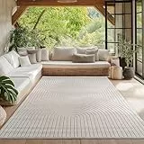 HomebyHome Teppich Wohnzimmer, Schlafzimmer, Wintergarten, Kurzflor Creme, Hoch-Tief-Effekt, weich & waschbar, Outdoor geeignet, 160x230 cm