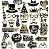 QHFlashbuy Foto Requisiten,36 Stück Fotobox Accessoires,Foto Verkleidung mit Sticks und Stickern,Schwarzes Gold Fotoautomat Requisiten,Party Zubehör für Geburtstag,Hochzeit,Weihnachten,Halloween