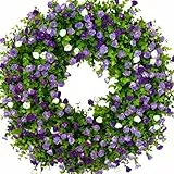 Frühlingskränze für die Haustür, 35Cm Großer Künstlicher Wildblumenkranz, Bunter Eukalyptus-Kranz, Sommerblumenkranz, Frühlings-Türkranz mit Grünen Blättern, Bauernhaus-Kranz,(Purpurweiß)