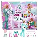 BARBIE Barbie Cutie Reveal Adventskalender - 24 Überraschungen, Puppe, Glitzerrentier, Winteroutfits, Accessoires, Minihaustiere, für Kinder ab 3 Jahren, HJX76