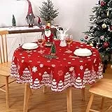CAROMIO Rote runde Weihnachtstischdecke, abwischbar, mit Schneeflocken-Kiefernmuster, wasserabweisend, Tischdecke für Weihnachten, Neujahr, Dekoration, Weihnachten, Party, Heimdekoration, Durchmesser