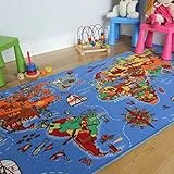 The Rug House Lehrreiche UNTERHALTSAME farbenfrohe Weltkarte Spielteppich Länder & Meere Kinderteppich 95x200cm