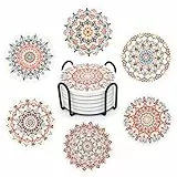 STARUBY 6 Stücke Blumen Muster Untersetzer Set mit Halter,Durchmesser 10,3 cm Saugfähige Keramische Korkboden Untersetzer,für Bierkneipen Tassen Vasen Kerzen Drinks Tischuntersetzer Geschenke