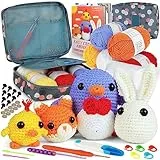 Coopay Häkelset für Anfänger, Komplettes Häkelset mit 4 Verschiedene Tier-Häkelanleitungen (Pinguin/Kaninchen/Küken/Fuchs), DIY Häkel Set mit Häkeltasche und Anleitung, Häkeln für Anfänger