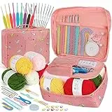 Coopay Häkelset für Anfänger, 58 Stück Rosa Katze Häkelnadel Set Inklusive Häkelnadeln mit Weicher Griff, Spitze Häkelnadel, Garn, Häkelzubehör, Tragbar Tasche & mehr, Anfänger Häkel Set mit Wolle