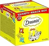 DREAMIES Katzensnacks - 12x60g - mit Huhn, Käse und Lachs - Traumhaft knusprige Katzen Leckerlies mit zarter Füllung - Variety Snack Box