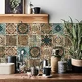 HORIWE Fliesenaufkleber Marokko Wandfliese Aufkleber 24 Stück 15x15 PVC Selbstklebende Fliesensticker Fliesen Tapete Wasserdicht Wandaufkleber für Küche,Bad,Schrank,Möbel,Tisch