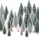 30pcs Mini Weihnachtsbaum Weihnachtsdeko Künstlicher, 5 Größen mit Holz Basis, Weihnachtsbaum mit Schnee, Tischdeko Weihnachten(Dunkelgrün+Silber+Weiß)