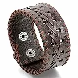 JewelryWe Schmuck Herren Armband, Breit Geflochten Armreif, Knopf 19-21cm Verstellbaren Lederarmband, Leder Legierung, Braun