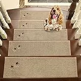 BEQHAUSE Stufenmatten Treppen Teppich Stufenmatten Innen rutschfest 15 Stück, Maschinenwaschbare Treppenteppich für Kinder, Älteste und Haustiere, 100% Polyester TPE -Rücken, 22X70cm, Beige