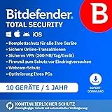Bitdefender Total Security 2025 | 10 Geräte | 1 Jahr | PC/Mac/iOS/Android | Code zur Aktivierung per E-Mail | Automatische Verlängerung