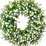 Frühlingskränze für die Haustür, 35Cm Großer Künstlicher Wildblumenkranz, Bunter Eukalyptus-Kranz, Sommerblumenkranz, Frühlings-Türkranz mit Grünen Blättern,(Weiße Lilatöne)