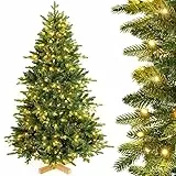 Yorbay künstlicher Weihnachtsbaum Nordmanntanne mit Beleuchtung LED Tannenbaum mit Holzständer für Weihnachten-Dekoration, aus PE und PVC, Mehrweg (150cm)