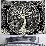 Arawat Wandteppich Baum des Lebens Wandtuch Lebensbaum Schwarz Weiß Wandteppich Mond Sonne Wanddeko Psychedelic Teppich Gothic Wandteppiche Trippy Tapestry Wandtuch Wandbehang Wand Deko (150 x 200cm)