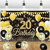 20. Geburtstag Deko Banner Hintergrund, GRESATEK Schwarz Gold Geburtstagsdeko Happy Birthday Banner Party Dekorationen für Frauen Mann 20. Geburtstagsfeier