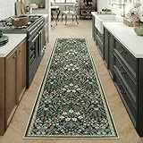 PureCozy LäUfer Flur Teppich 60x240cm Blumenmuster kurzflor rutschfest Weich Retro Waschbarer Teppiche für Küchen Hallway Bettvorleger Schlafzimmer Wohnzimmer Carpet, Grün