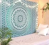 RAJRANG BRINGING RAJASTHAN TO YOU großer Mandala-Wandteppich im King-Size-Format fur Schlafzimmer und Wohnzimmer, Wandbehang, Ombre-Wandteppiche aus Baumwolle, Meeresgrun, 228 x 274 cm