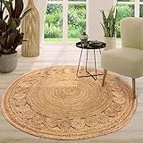 TT Home Jute Teppich Rund Wohnzimmer Esszimmer Boho Modern Handgemacht Mit Umrandung, Farbe: Natur 2, Größe:80 cm Rund