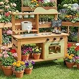 WoodenFun Outdoor Spielküche Gartenspielküche Matschküche Kinder Outdoor Mit Tafel, Wasserkocher, Spüle, Holzpflanzenbehälter, Kinderküche(Grün)