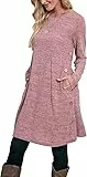 Aokosor Strickkleid Damen Langarm Kleider Pulloverkleid für Damen Tunika Kleid Jumper Kleid mit Knöpfen und Taschen Rosa M