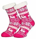 Piarini 1 Paar Kuschelsocken ABS Sohle warme Damen Socken Hüttensocken Wintersocken Anti Rutsch Noppen Deer-Pink (One-Size)