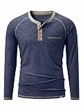 Meilicloth Herren T-Shirt Langarmshirt Herren Henley Hemd Baumwolle Taste Knopfleiste mit Taschen Marineblau 2XL