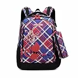 Cusangel Kinder-Rucksack, Lila und Beige, mit mehreren Taschen und verstellbaren Riemen (Blau-Rot)