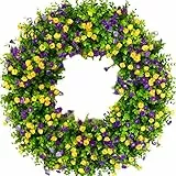 Frühlingskränze für die Haustür, 35Cm Großer Künstlicher Wildblumenkranz, Bunter Eukalyptus-Kranz, Sommerblumenkranz, Frühlings-Türkranz mit Grünen Blättern, Bauernhaus-Kranz,(Lila-Gelb)