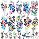 Acevegue 79 Blätter Aquarell Schmetterling Temporäre Tattoos Set, 15 Große und 64 Klein Bunt Fake Tattoos Aufkleber für Frauen Damen Mädchen, 3D Realistische Sexy Tattoo zum Aufkleben