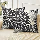 Velvhom Kissenbezug 40x40 cm Sofakissen Herbst Moderne Abstrakte Dahlie Blumen Schwarz und Grau Leinen Kissenhülle Zierkissen Modern Deko Kissen Bezug für Wohnzimmer Kinder Büro, 2er Set