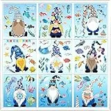 Hianjoo 9 Blätter Ocean Gnome Sommer Fensteraufkleber Doppelseitige Statische Gnomen Aufkleber mit Fischen, Schildkröten und Seesternen, Strand Fenster Aufkleber für Glas, Küche, Bad und Pool-Party