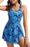 Kate Kasin Damen 2 Stück Badekleid Tummy Control Split Skirt U Neck Badeanzüge mit Boyshort gepolsterte Büste Badeanzug Blumen Pflanzen Print Marineblauer Pflanzendruck M