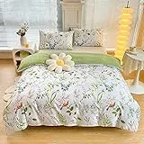 YASMENG Bettwäsche 135x200 4teilig Bunt Blumen Blätter Bettbezug Set Weich Mikrofaser Bettwäsche Weiß Grün Aesthetic Pflanzen Vogel Wendebettwäsche Set mit Reißverschluss und 2 Kissenbezüge 80x80 cm