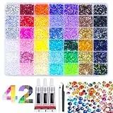 42000 Stück Strasssteine, 42 Farben Glitzersteine Mit Klebstoff zum Basteln, 3mm Runde Glitzer Edelsteine Rhinestones, Buntes Flatback Rhinestones für Nageldesign, Gesichts-Make-Up, Bastelarbeiten
