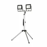 REV Baustrahler LED mit Stativ - 2x30W, 2x2550lm, 6500K, robuste Arbeitsleuchte für Baustelle, Werkstatt & Keller, Baulampe IP65 innen & außen, silber