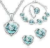 TOFBS 4 Stück Herz Kristall Schmuck Set Anhänger Halskette Armband Ohrringe und Ringe Set für Frauen Mädchen Brautschmuck Set Schmuckset (Violett)