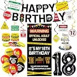 18. Geburtstag Deko Junge Mädchen, Verkehrsschild Partydeko zur Volljährigkeit mit XXL Zahlenballon 18, Banner, Türbanner, Luftballons, Party-Armbänder, Spiraldeko, 18 Geburtstagsdeko Set