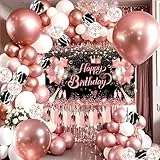 YinQin 80 Stück Rosé Gold Geburtstags Ballons Dekoration mit Fotografie Hintergrund Roségold Geburtstagsballons Happy Birthday Luftballons Deko für Mädchen Frauen Rose Gold Happy Birthday Balloons