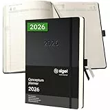 SIGEL C2604 Planungsbuch XXL, Terminkalender 2026, A4+, 1 Tag = 1 Seite, für 4 Personen, schwarz, Hardcover, 480 Seiten, Gummiband, Stiftschlaufe, Archivtasche, Kalenderbuch Conceptum