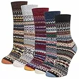 Justay Pucott 5 Paar Winter Wolle Damen Socken, Wollsocken für Frauen, Warme Socken Damen, Bunte Gemusterte Stricksocken