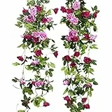 JUSTOYOU 2pcs 7.8FT zweifarbige künstliche gefälschte Rosengirlande Wein hängen Seide Blume künstliche Blume für Außen- und Innenhochzeit Wand schlechte Dekoration (Magenta)