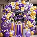 YinQin 63 Stück Lila Gold Glückwunsch Geburtstagsfeier Ballons Deko mit Foto Hintergründe Banner Tuch Konfetti Ballon Lila Goldene Glückwunsch Geburtstagsfeier Dekorationen für Männer Frauen