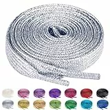 Olukssck 2 Paar Glitzer Schnürsenkel für Sportschuhe und Sneaker, Farbige Flache Schuhbänder 10mm breit, Silber, 120cm